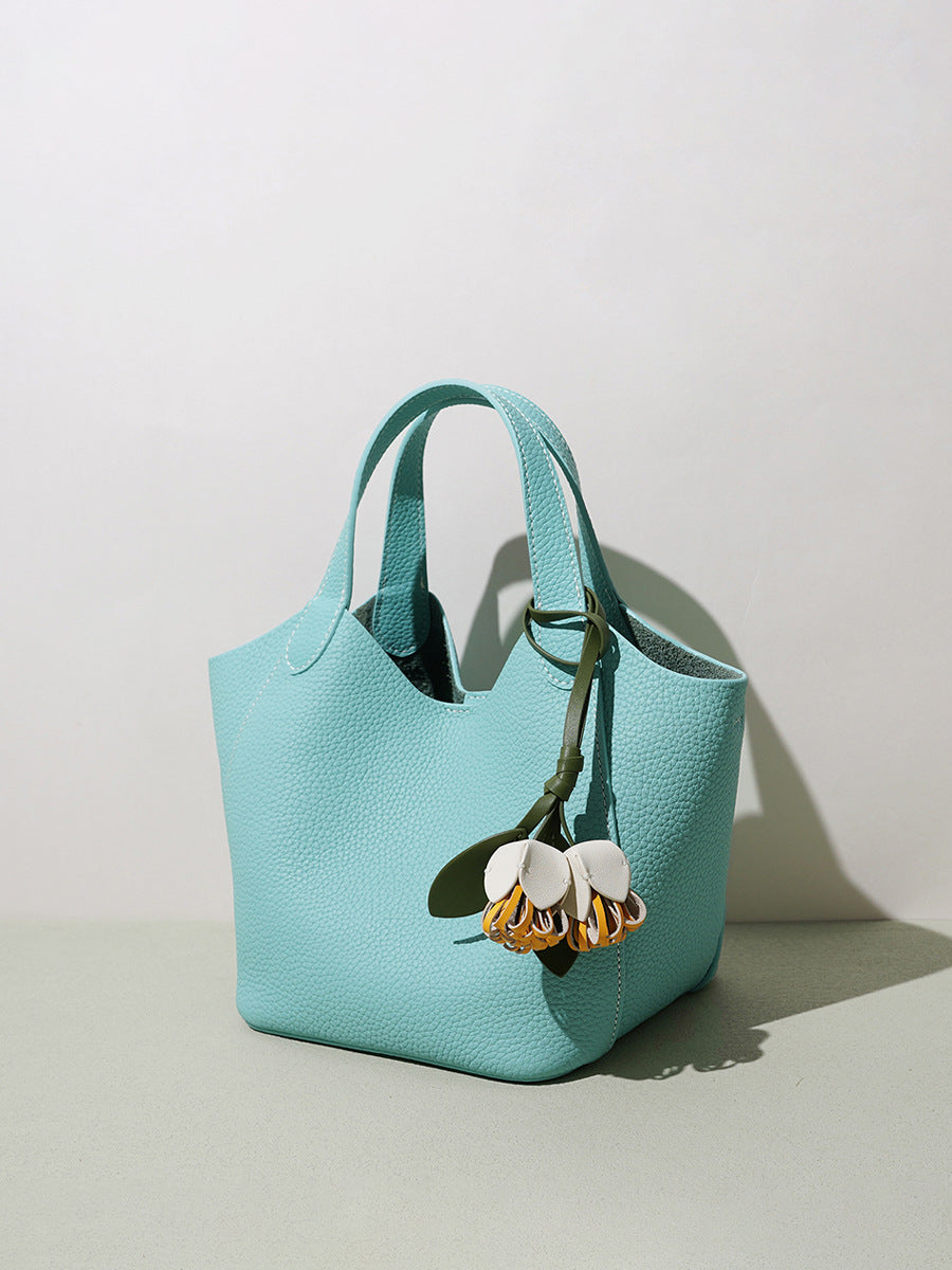 The Blossom Bucket Tote | Premium Pebbled Leather Bag with Floral Charm