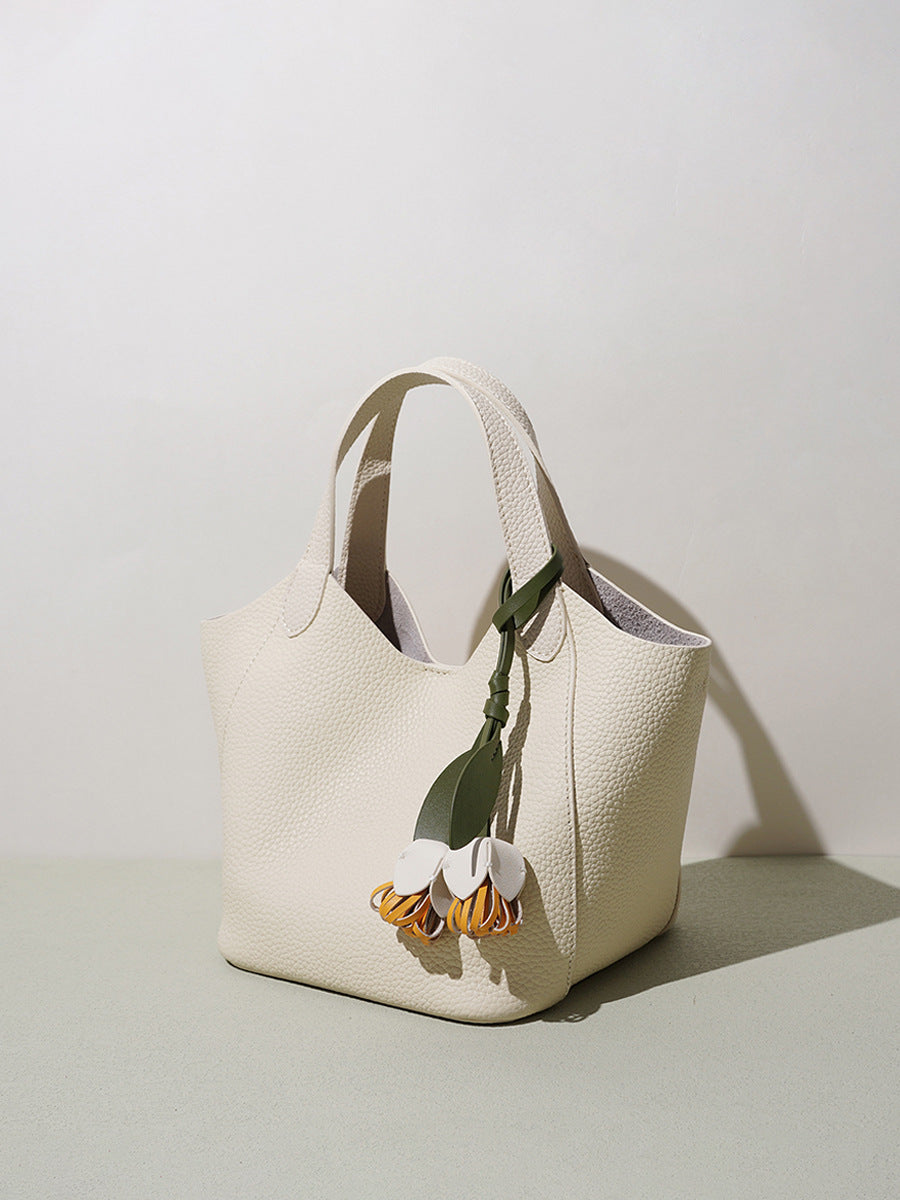 The Blossom Bucket Tote | Premium Pebbled Leather Bag with Floral Charm