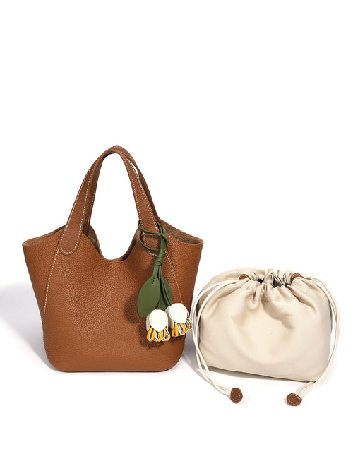 The Blossom Bucket Tote | Premium Pebbled Leather Bag with Floral Charm