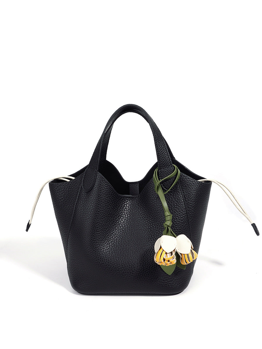The Blossom Bucket Tote | Premium Pebbled Leather Bag with Floral Charm