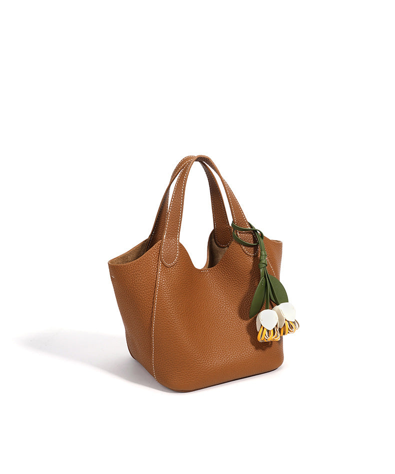 The Blossom Bucket Tote | Premium Pebbled Leather Bag with Floral Charm