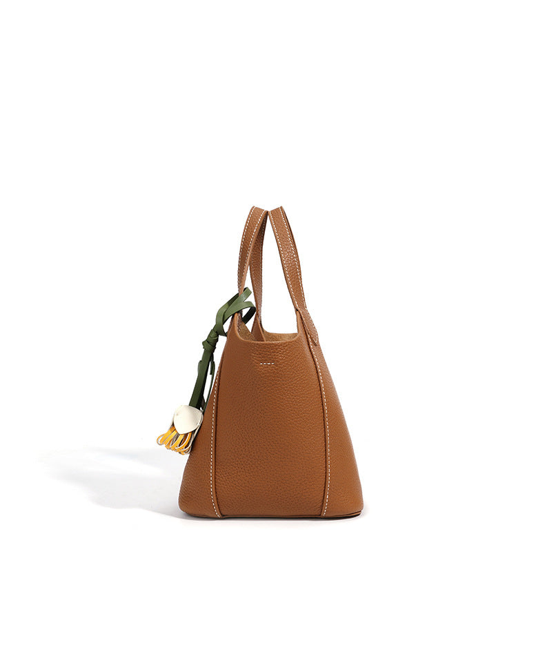 The Blossom Bucket Tote | Premium Pebbled Leather Bag with Floral Charm