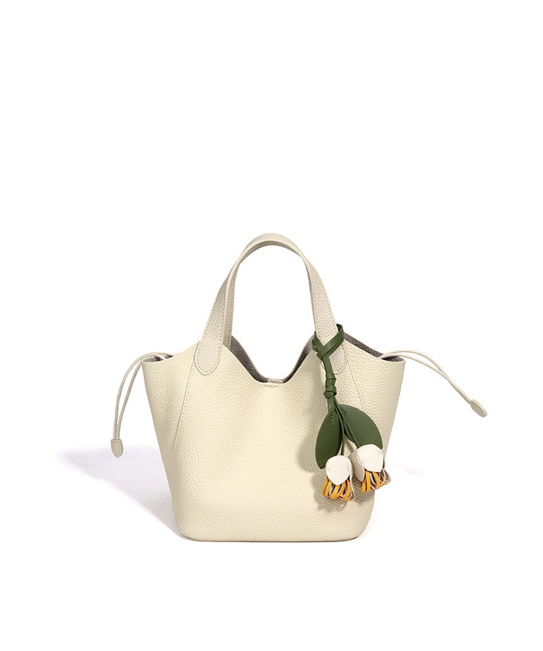 The Blossom Bucket Tote | Premium Pebbled Leather Bag with Floral Charm