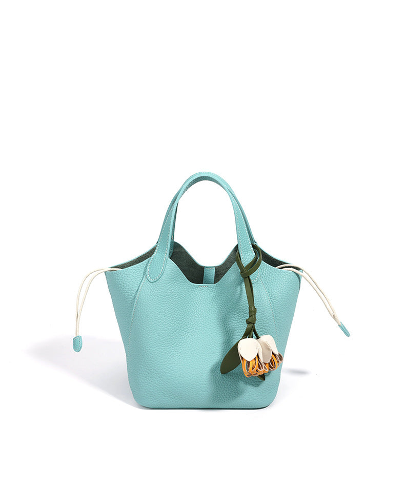 The Blossom Bucket Tote | Premium Pebbled Leather Bag with Floral Charm