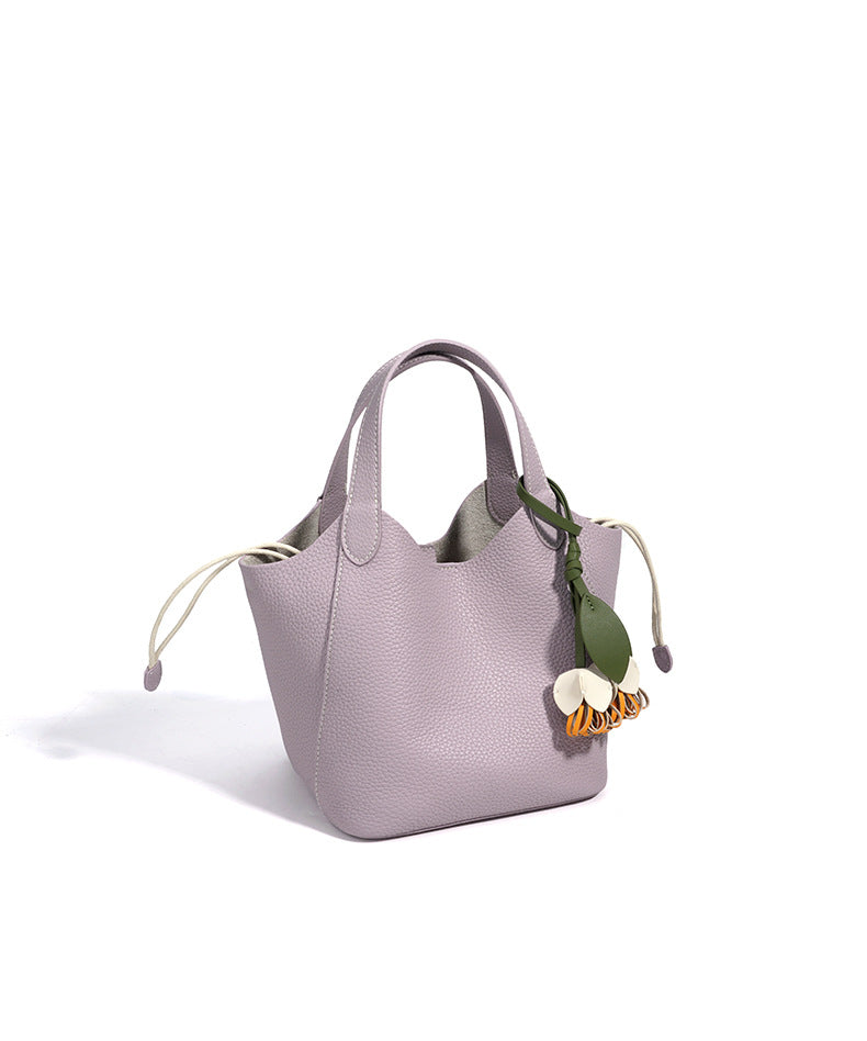 The Blossom Bucket Tote | Premium Pebbled Leather Bag with Floral Charm