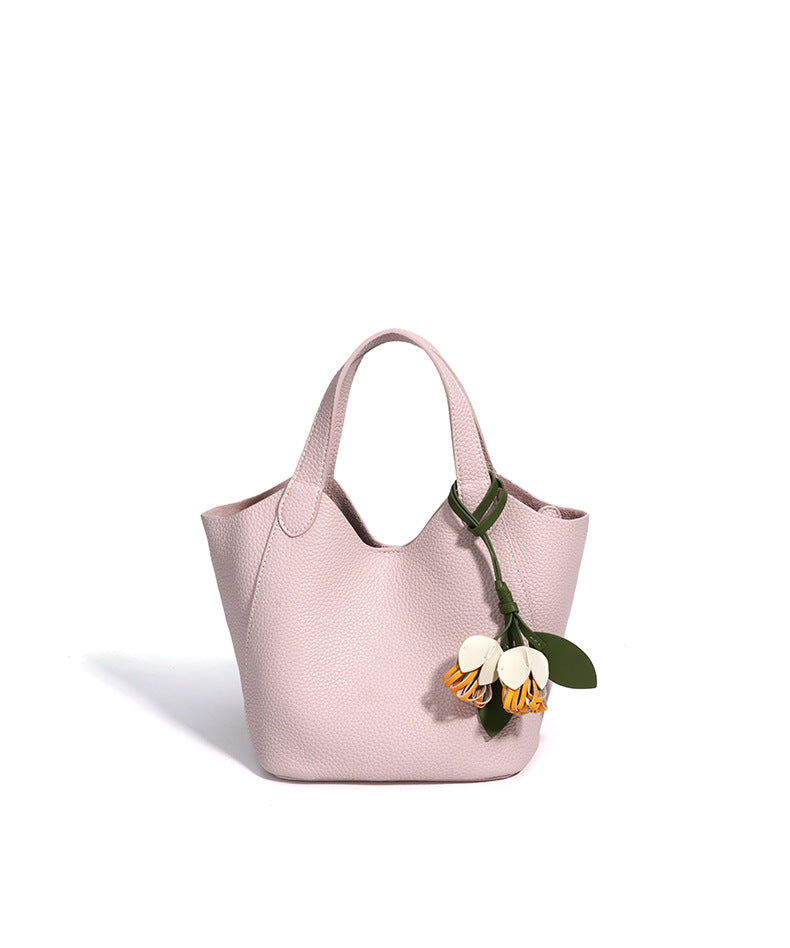 The Blossom Bucket Tote | Premium Pebbled Leather Bag with Floral Charm