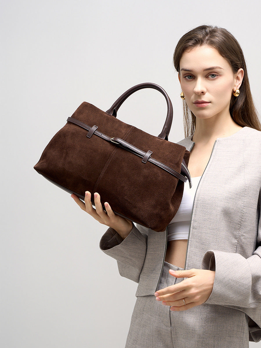 The Arden Leather Carryall in Espresso — styled view