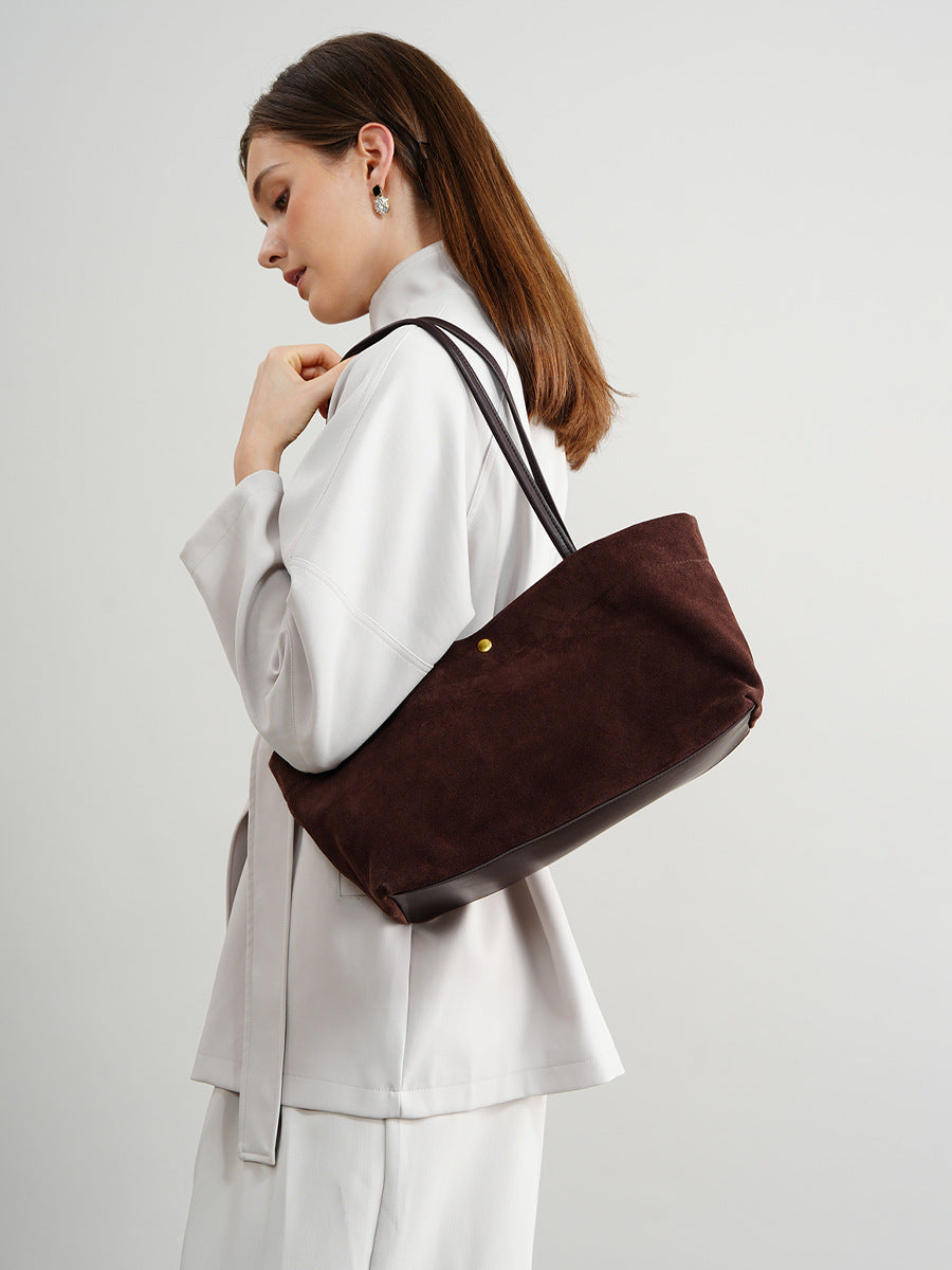 Aveline Suede-Effect Tote in Espresso, worn on the shoulder