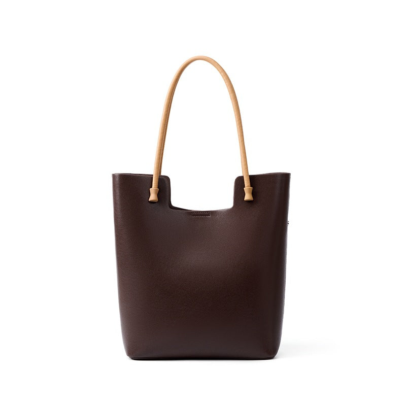 The Liora Leather Tote in Coffee — front view