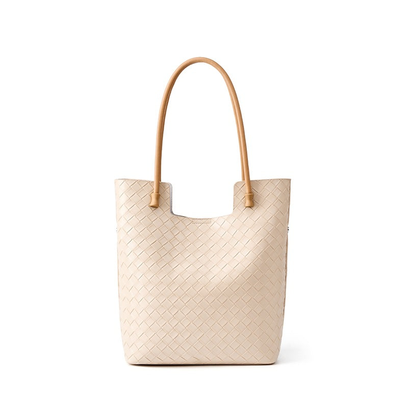 The Liora Leather Tote in Milkshake White Woven — front view
